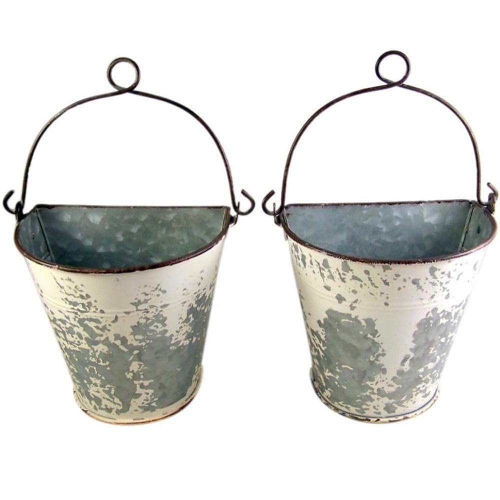Primitive Galvanized Half Round Bucket Wall Planters, 6 3/4 Inches